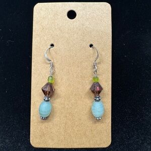 Blue and Brown Beaded Silver Earrings